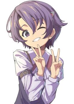 1girl age_regression aged_down curtained_hair double_v eiyuu_densetsu grin hair_between_eyes highres kloe_rinz long_sleeves looking_at_viewer naisu_(nai_su01) one_eye_closed parted_bangs purple_eyes purple_hair short_hair smile solo sora_no_kiseki upper_body v