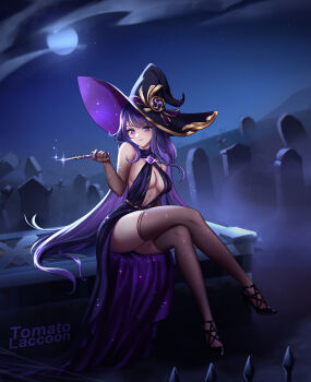 1girl alternate_costume alternate_hairstyle artist_name bare_shoulders black_hat black_shoes black_thighhighs blush breasts cleavage closed_mouth commentary crossed_legs dress full_moon genshin_impact graveyard hand_up hashtag-only_commentary hat high_heels highres holding holding_wand large_breasts long_hair looking_at_viewer mole mole_under_eye moon night night_sky outdoors purple_dress purple_eyes purple_hair raiden_shogun shoes sitting sky sleeveless sleeveless_dress smile solo thighhighs tomatolaccoon tombstone very_long_hair wand witch_hat