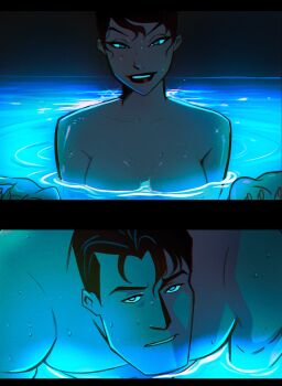 Rule 34 | 1boy, 1girl, batman (series), breasts, bruce wayne, chainsaw man, couple, dc comics, highres, i'll teach you everything (chainsaw man), implied nudity, in water, movie reference, nude, open hands, parody, partially submerged, pool, rozem, scene reference, selina kyle, water, wet, wet hair