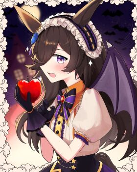 1girl animal_ears apple bat_(animal) bat_wings black_gloves blue_flower blue_rose blush bow brown_hair commentary daemo72 english_commentary fang flipped_hair flower food frilled_hairband frills fruit full_moon gloves hair_over_one_eye hairband halloween halloween_costume highres holding holding_food holding_fruit horse_ears horse_girl horse_tail long_hair looking_at_viewer moon official_alternate_costume open_mouth puffy_short_sleeves puffy_sleeves purple_eyes purple_wings rice_shower_(umamusume) rice_shower_(vampire_makeover!)_(umamusume) rose shirt short_sleeves skirt solo tail umamusume upper_body white_shirt wings