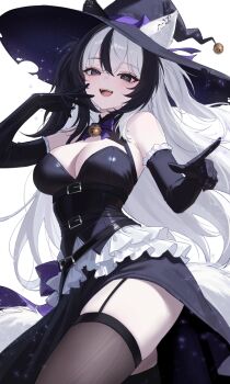 1girl absurdres animal_ears armpit_crease bare_shoulders bell belt belt_buckle black_dress black_eyes black_gloves black_hair black_hat breasts brown_thighhighs buckle cleavage commission cowboy_shot dress ears_through_headwear elbow_gloves fangs fox_ears fox_girl fox_tail frilled_dress frilled_gloves frills garter_straps gloves hand_up hat heart heart-shaped_pupils heterochromia highres jingle_bell large_breasts mismatched_pupils multicolored_hair mumu_muw open_mouth original purple_eyes skindentation sleeveless sleeveless_dress smile solo streaked_hair symbol-shaped_pupils tail thighhighs thighs two-tone_hair two_side_up white_hair witch_hat zettai_ryouiki