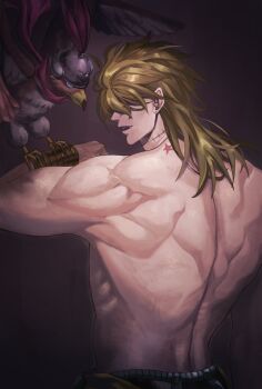 1boy animal_on_arm back back_focus bird bird_on_arm birthmark blonde_hair blue_eyes dio_brando eagle ear_birthmark hair_over_eyes highres jewelry joestar_birthmark jojo_no_kimyou_na_bouken long_hair male_focus muscular muscular_male pet_shop pink_scarf rr9pt76u5phwgqx scar scar_on_neck scarf solo stardust_crusaders stitches topless_male