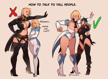 2girls assertive_female blonde_hair blue_bodysuit blue_lips bodysuit boots breasts cleavage diamond_earrings earrings emma_frost emma_frost_(x-revolution) english_text fantastic_four grey_hair high_heel_boots high_heels holy_meh how_to_talk_to_short_people_(meme) jewelry kabedon large_breasts leotard malice_(sue_storm) marvel marvel_rivals meme multicolored_bodysuit multiple_girls official_alternate_hairstyle size_difference spiked_helmet sue_storm superhero_costume tall_female thigh_boots two-tone_bodysuit white_bodysuit x-men yuri