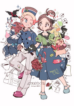 Rule 34 | 1boy, 1girl, absurdres, adapted costume, bag, bellhop uniform, black gloves, blonde hair, blue eyes, blue skirt, brown eyes, brown hair, chespin, cup, drinking glass, floette, floette (eternal), flower, gen 6 pokemon, gloves, hair bun, harmony (pokemon), hat, highres, jacket, lamp, mary janes, meowstic, meowstic (male), mini hat, multicolored hair, nintendo, one eye closed, pants, pink hair, pokemon, pokemon (creature), pokemon legends: z-a, red flower, red rose, rose, shoes, single hair bun, skirt, smile, sparkle, two-tone hair, urbain (pokemon), white gloves, white pants, wine glass, yukikokoro