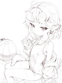 1girl absurdres ahoge ball beachball breasts commentary_request covered_navel ear_piercing earrings greyscale hair_ornament hairclip highres horns jacket jacket_over_swimsuit jewelry lineart loli looking_at_viewer mole mole_under_eye monochrome off_shoulder one-piece_swimsuit open_clothes open_jacket original piercing pointy_ears poolside rqjxwc school_swimsuit short_hair sitting skin-covered_horns small_breasts soaking_feet solo swimsuit tail tentacles water wet whistle whistle_around_neck