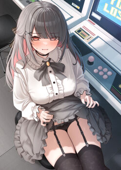 1girl black_choker black_garter_straps black_hair black_nails black_panties blush breasts brown_eyes choker colored_inner_hair embarrassed garter_straps grey_skirt hair_ornament hairclip highres large_breasts long_hair long_sleeves looking_at_viewer looking_up monaka_curl multicolored_hair nail_polish original paid_reward_available panties parted_lips pink_hair sitting skirt solo thighs underwear