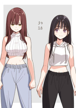 2girls bare_arms bare_shoulders black_hair black_pants blue_pants breasts chapter_number clenched_hands closed_mouth confused copyright_name determined futaba_yuuri green_eyes grey_background highres idol_x_idol_story! large_breasts long_hair medium_breasts midriff multiple_girls nagisa_mimi navel official_art pants purple_eyes red_hair shirt simple_background sleeveless sleeveless_turtleneck standing stomach straight_hair sweatdrop sweatpants tokunou_shoutarou turtleneck white_shirt