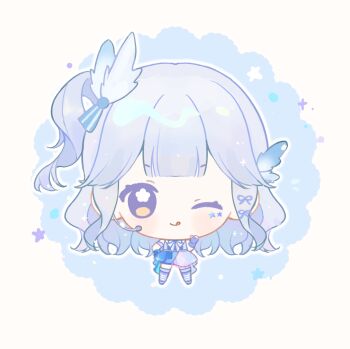 1girl ;q armband baonu_de_zhanshen_caibutou bare_shoulders blue_background blue_dress blue_eyes blue_gloves blue_ribbon blue_theme blunt_bangs boots bow bowtie chibi chinese_commentary closed_mouth commentary_request dress eyelashes facial_tattoo feather_hair_ornament feathers fingerless_gloves flower_in_eye gloves grey_hair hair_ornament hair_ribbon hand_on_own_hip happy headset highres idol infinity_nikki knee_boots lace-up_boots layered_dress light_blush light_particles long_hair nikki_(series) one_eye_closed one_side_up outline purple_armband purple_boots purple_bow purple_bowtie purple_dress purple_thighhighs ribbon short_dress sidelocks sleeveless sleeveless_dress smile solo sparkle standing star_(symbol) star_tattoo starry_nocturne_(infinity_nikki) straight-on striped_ribbon symbol_in_eye tailcoat tattoo thighhighs tongue tongue_out two-tone_background very_long_hair waving wavy_hair white_background white_outline