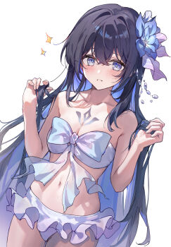 >_< absurdres bare_shoulders bikini bikini_skirt black_hair blue_eyes blue_hair blush bow breasts chest_tattoo chinese_commentary cleavage collarbone colored_inner_hair commentary_request flower frilled_bikini frills gloves hair_flower hair_ornament highres honkai_(series) honkai_impact_3rd long_hair looking_at_viewer multicolored_hair multiple_girls navel open_mouth seele_vollerei seele_vollerei_(herrscher_of_rebirth) seele_vollerei_(summer_2023) simple_background small_breasts smile stomach swimsuit szi_f tattoo very_long_hair white_background white_bikini
