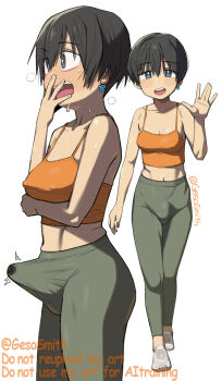 1futa black_eyes black_hair blush bulge crop_top earrings erection erection_under_clothes futanari geso_smith jewelry pants precum shoes short_hair sweat yoga_pants