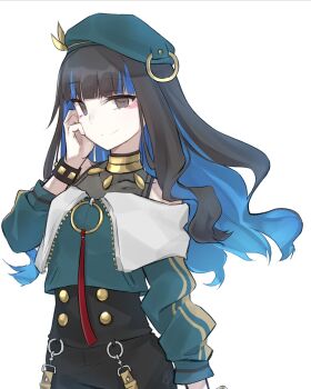 1girl bare_shoulders beret black_hair black_shorts blue_hair bracelet breasts buttons colored_inner_hair double-breasted eyeliner fate/grand_order fate_(series) green_hat green_jacket grey_eyes hat highres jacket jewelry long_hair long_sleeves looking_at_viewer makeup multicolored_hair neck_ring o-ring off_shoulder shorts sidelocks small_breasts smile solo tenochtitlan_(fate) tenochtitlan_(second_ascension)_(fate) yubeshi_(zecxl) zipper