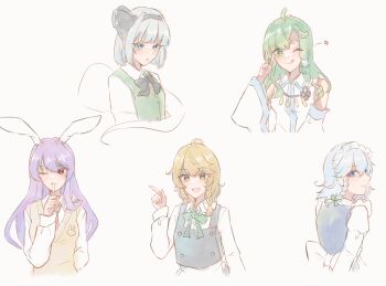 5girls :q alternate_costume animal_ears black_bow black_bowtie black_hairband black_vest blonde_hair blue_eyes bow bowtie braid carin_(c_arin1012) closed_mouth collared_shirt commentary_request detached_sleeves finger_to_mouth frog_hair_ornament green_bow green_bowtie green_eyes green_hair green_vest grey_hair hair_bow hair_ornament hair_tubes hairband highres hitodama izayoi_sakuya kirisame_marisa kochiya_sanae konpaku_youmu konpaku_youmu_(ghost) long_hair looking_at_viewer maid maid_headdress multiple_girls necktie no_headwear one_eye_closed open_mouth purple_hair rabbit_ears rabbit_girl red_eyes red_necktie reisen_udongein_inaba shirt shushing side_braid single_braid single_hair_tube smile snake_hair_ornament sweater_vest tongue tongue_out touhou vest white_bow white_shirt yellow_eyes yellow_sweater_vest
