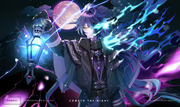 1boy absurdres antenna_hair arm_up artist_name belt black_belt black_capelet black_coat black_gloves blue_fire blue_hair capelet closed_mouth cloud coat collared_capelet commentary commission cowboy_shot crossed_bangs dated electricity english_commentary english_text fire flaming_eye flins_(genshin_impact) full_moon gem genshin_impact gloves gradient_hair grey_pants hair_between_eyes hen-tie highres holding holding_lantern lantern long_hair long_sleeves looking_at_viewer male_focus moon mountain multicolored_hair night night_sky pants purple_fire purple_gemstone purple_shirt sample_watermark serious shirt sky solo standing very_long_hair watermark yellow_eyes