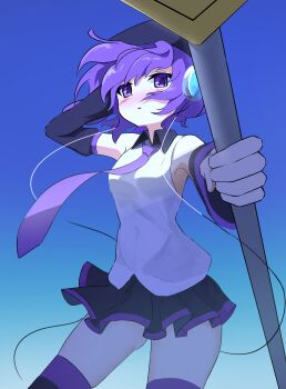 Rule 34 | 0w0 (artist), 1girl, absurdres, arm behind head, armpits, bare shoulders, beret, black boots, black hat, black skirt, black sleeves, blue background, boots, collared shirt, commentary, contrast collar, detached sleeves, floating hair, floating neckwear, gradient background, hat, headphones, highres, koronba, looking up, miniskirt, necktie, parted lips, purple eyes, purple hair, purple necktie, purple trim, road sign, shirt, short hair, sign, skirt, sleeveless, sleeveless shirt, thigh boots, utane uta, utau, very short hair, white shirt, yatsume ana