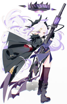 1girl absurdres black_boots black_coat black_gloves black_horns blue_archive bm_tol boots chromatic_aberration closed_mouth coat commentary demon_girl demon_horns demon_wings from_side gloves gun hair_ornament hairclip halo highres hina_(blue_archive) holding holding_gun holding_weapon horns jacket long_hair long_sleeves looking_at_viewer machine_gun mg42 one_eye_closed parallel_hairclips parted_bangs purple_eyes purple_halo purple_jacket purple_thighhighs purple_wings simple_background solo standing thighhighs weapon white_background white_hair wings