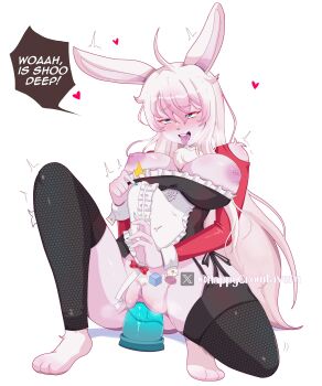 1girl absurdres ahegao ahoge animal_ears blue_eyes blue_nails blush breasts breasts_out deep_insertion dildo full_body furry furry_female happycrowtavern highres leggings long_hair magic magical_girl nipples oral pubic_hair pussy pussy_juice rabbit rabbit_ears rabbit_girl rabbit_tail sex_toy stomach_bulge tongue tongue_out uncensored very_long_hair white_hair white_pubic_hair