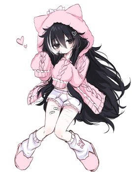 1girl :&lt; animal_hood animal_slippers bags_under_eyes bandaid_on_thigh black_eyes black_hair cat_hood cat_slippers closed_mouth dot_nose full_body gloomy_vt hair_ornament heart heart_hair_ornament highres hood hood_up jacket knees_together_feet_apart leg_warmers light_blush light_frown long_hair long_sleeves looking_at_viewer messy_hair multicolored_hair open_clothes open_jacket original paw_pose pink_jacket pink_slippers scar short_shorts shorts sidelocks simple_background sleeves_past_fingers sleeves_past_wrists slippers solo streaked_hair very_long_hair white_background white_hair white_leg_warmers white_shorts