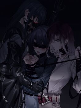 3girls absurdres bdsm belt black_gloves black_hair black_shirt blindfold blush bondage bound bound_wrists cass_chief chief_(path_to_nowhere) closed_mouth commentary earrings female_chief_(path_to_nowhere) flower girl_sandwich gloves gradient_hair grey_eyes hand_on_another&#039;s_arm highres jewelry long_hair looking_at_another mask mouth_mask multicolored_hair multiple_girls open_mouth path_to_nowhere purple_hair rahu_(path_to_nowhere) sandwiched shalom_(path_to_nowhere) shirt smile sweat white_flower white_hair white_shirt yuri