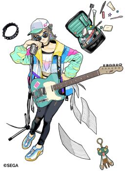 Rule 34 | 1girl, black pants, blue eyes, blunt bangs, choker, earrings, full body, grey hair, guitar, hat, instrument, jacket, jewelry, long sleeves, looking at viewer, looking over eyewear, looking over glasses, microphone, original, pants, paper, shoes, short hair, simple background, solo, spiked choker, spikes, standing, sunglasses, tanaka hirotaka, tinted eyewear, white background, white hat