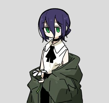 Rule 34 | 1girl, black ribbon, chainsaw man, commentary, flower, green eyes, green jacket, hair between eyes, highres, holding, holding flower, jacket, long sleeves, looking at viewer, neck ribbon, off shoulder, open clothes, open jacket, purple hair, reze (chainsaw man), ribbon, shirt, simple background, sleeveless, sleeveless shirt, solo, tokiwa (914), upper body, white shirt