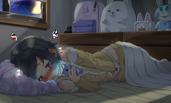 1girl absurdres animal_print bed black_hair blush bow bow_panties bra cellphone clock clothed_masturbation ear_blush earbuds earphones female_focus female_masturbation full_moon hand_in_panties headphones heart highres indoors kitsunerider loli lying masturbation moon mouth_hold night night_sky on_bed on_side pajamas panties phone pillow purple_eyes pussy_juice pussy_juice_stain pussy_juice_trail rabbit_print shiny_skin short_hair sky smartphone solo spoken_heart star_(sky) star_(symbol) starry_sky strap_slip stuffed_animal stuffed_rabbit stuffed_toy sweat tears trembling under_covers underwear white_bra white_panties window