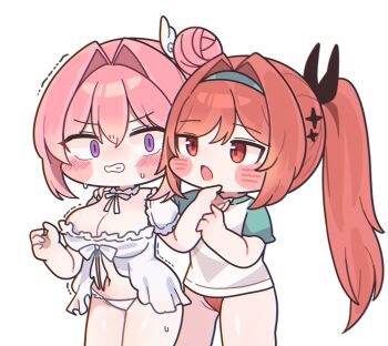 2girls aqua_hairband aqua_shirt bikini blush breasts chibi choker cleavage clenched_teeth cowboy_shot dorothy_(nikke) dorothy_(serendipity)_(nikke) frilled_bikini frilled_choker frills goddess_of_victory:_nikke hair_bun hair_ornament hairband highres large_breasts long_hair mming_(mmingis18) motion_lines multiple_girls official_alternate_costume official_alternate_hair_color official_alternate_hairstyle open_mouth pink_hair ponytail purple_eyes rapi_(nikke) rapi_(red_hood)_(nikke) rapi_(red_hood)_(red_flavor)_(nikke) red_eyes red_hair red_swimsuit shirt simple_background star_(symbol) star_hair_ornament swimsuit swimsuit_under_clothes teeth trembling white_background white_bikini