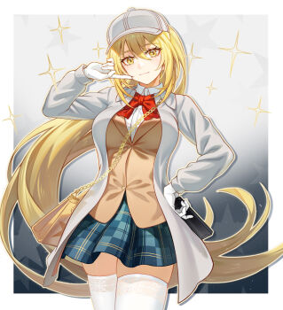 1girl absurdres bag baseball_cap blazer blonde_hair border bow bowtie breasts brown_jacket controller finger_to_mouth gloves gradient_background grey_background grey_skirt hand_on_own_hip handbag hashtag-only_commentary hat highres holding holding_remote_control jacket large_breasts long_hair long_sleeves looking_at_viewer miniskirt official_alternate_costume plaid_clothes plaid_skirt red_bow red_bowtie remote_control school_uniform shirt shokuhou_misaki simple_background skirt smile solo sparkling_eyes spider_web_print thighhighs toaru_kagaku_no_mental_out toaru_kagaku_no_railgun toaru_majutsu_no_index tokiwadai_school_uniform very_long_hair white_border white_gloves white_hat white_jacket white_shirt white_thighhighs winter_uniform yellow_eyes z.boat zettai_ryouiki