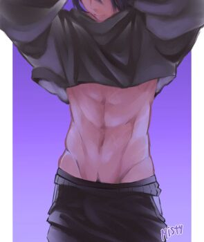 Rule 34 | 1boy, abs, arms up, artist name, black hair, black pants, closed mouth, commentary, cropped hoodie, english commentary, eyes out of frame, grey male underwear, head out of frame, highres, hood, hood down, hoodie, male focus, male pubic hair, male underwear, male underwear peek, multiple boys, naruto (series), navel, pants, pillarboxed, pubic hair, pubic hair peek, purple background, short hair, simple background, solo, themidnights0ng, uchiha sasuke, underwear