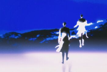 2boys black_coat black_hair black_shirt coat coat_partially_removed commentary_request floating from_behind full_body kim_dokja limited_palette male_focus mountainous_horizon multiple_boys omniscient_reader's_viewpoint shirt short_hair tix_0314 walking white_coat yoo_joonghyuk