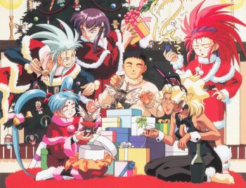 1990s_(style) ^_^ alcohol animal_ears aqua_hair black_choker black_hair black_leotard black_pantyhose blonde_hair bottle box candle candlelight candlestand choker christmas christmas_tree cleavage_cutout closed_eyes clothing_cutout cocktail_glass confetti cup drinking_glass drunk earrings facial_mark fake_animal_ears fake_tail forehead_mark freckles fur_trim gift gift_box green_hair grin hair_bobbles hair_ornament hakubi_washuu heart heart_earrings high_ponytail holding holding_gift jewelry kuramitsu_mihoshi leotard long_hair long_sleeves masaki_aeka_jurai masaki_sasami_jurai masaki_tenchi non-web_source official_art open_mouth pantyhose pink_hair playboy_bunny pointy_ears ponytail purple_hair rabbit_ears rabbit_tail red_eyes retro_artstyle rug ryou-ouki ryouko_(tenchi_muyou!) santa_costume sitting smile spiked_hair standing sweater tail tenchi_muyou! tongue tongue_out turtleneck turtleneck_sweater twintails very_long_hair wariza wine wine_bottle wrist_cuffs yellow_eyes