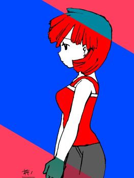 1girl bad_id bad_pixiv_id bare_arms bare_shoulders black_eyes black_pants blue_background breasts closed_mouth colored_skin cowboy_shot earrings expressionless from_side gloves grey_pants jewelry limited_palette medium_breasts misty_(pokemon) nintendo own_hands_together pants pokemon pokemon_adventures red_background red_hair red_shirt red_tank_top shirt short_hair simple_background sleeveless sleeveless_shirt solo standing tank_top two-tone_background v_arms white_skin