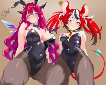 2girls :3 alternate_costume animal_ear_hairband animal_ears arms_behind_back bare_shoulders bed black_bow black_bowtie black_hair black_leotard black_pantyhose blue_eyes bow bowtie breasts cleavage closed_mouth collar colored_tips commentary commentary_request covered_groin covered_navel crossed_bangs crystal_wings detached_sleeves detached_wings dice_hair_ornament double-parted_bangs english_commentary fake_animal_ears gluteal_fold hair_between_eyes hair_ornament hairband hakos_baelz halo heterochromia highleg highleg_leotard hololive hololive_english horns indoors irys_(hololive) kneeling large_breasts leotard light_blush lips long_hair looking_at_viewer medium_breasts mixed-language_commentary mouse_ears mouse_girl mouse_tail mousetrap multicolored_hair multiple_girls no_shoes on_bed pantyhose playboy_bunny pointy_ears rabbit_ear_hairband rabbit_ears red_eyes red_hair rijeka1918 smile spiked_collar spikes star_halo strapless strapless_leotard streaked_hair tail tail_bow tail_ornament thick_thighs thighs twintails uneven_twintails virtual_youtuber white_hair wings
