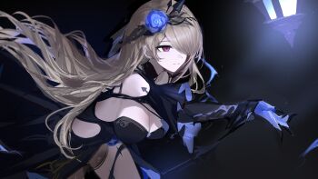 1girl absurdres baiser3rd black_dress black_gloves blue_flower blue_rose breasts brown_hair cleavage dress elbow_gloves flower gloves hair_flower hair_ornament highres honkai_(series) honkai_impact_3rd lantern large_breasts leaning_forward long_hair purple_eyes rita_rossweisse rita_rossweisse_(fallen_rosemary) rose smile solo thighs very_long_hair