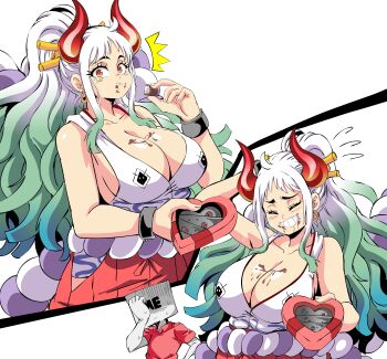 1girl 1other artist_self-insert blush box breasts closed_eyes green_hair heart-shaped_box highres horns japanese_clothes kimono large_breasts lewdamone looking_at_viewer multicolored_hair multicolored_horns multiple_views one_piece shiny_skin simple_background sleeveless sleeveless_kimono valentine white_background white_hair yamato_(one_piece)
