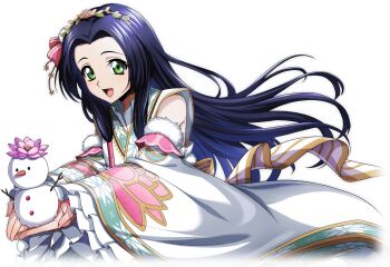 1girl bare_shoulders black_hair christmas code_geass code_geass:_lost_stories f4samurai game_cg green_eyes hakama happy highres japanese_clothes kimono long_hair looking_at_viewer obi official_art open_mouth sash smile snow solo sumeragi_kaguya white_kimono