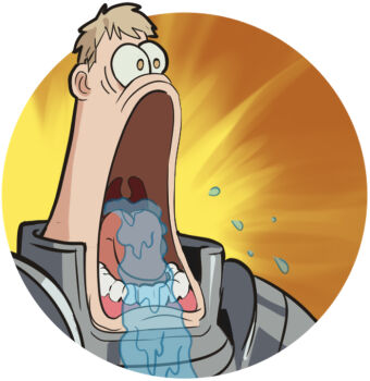 Rule 34 | 1boy, armor, blonde hair, drooling, dungeon meshi, jcm2, laios touden, looking to the side, lower teeth only, male focus, matching hair/eyes, open mouth, parody, patrick star, plate armor, saliva, short hair, simple background, solo, spongebob squarepants (series), teeth, tongue, upper body, uvula, white background, wide-eyed, wide mouth, yellow eyes