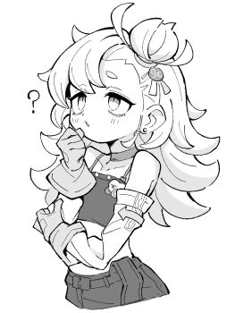 1girl ? bare_shoulders blush collar collarbone crop_top detached_sleeves earrings gloves greyscale hand_on_own_arm hand_on_own_chin highres jewelry ketsu_juuji_killer_(kejuki) long_hair looking_up monochrome open_mouth piper_wheel simple_background solo spiked_shirt upper_body white_background zenless_zone_zero