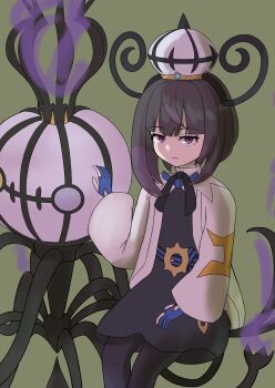 1girl black_dress black_hair blue_gloves bob_cut chandelure closed_mouth coat dress gen_5_pokemon gloves green_background gwynn_(pokemon) hat highres long_sleeves looking_at_viewer multicolored_hair nintendo offencearmor-0131 open_clothes open_coat partially_fingerless_gloves pokemon pokemon_(creature) pokemon_legends:_z-a purple_eyes purple_hair short_hair sitting_on_pokemon two-tone_hair white_coat white_hat
