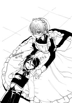 2boys age_switch aged_down aged_up blush bow child ciel_phantomhive eyelashes eyepatch greyscale highres kurosh00kie kuroshitsuji long_sleeves male_focus monochrome multiple_boys role_reversal sebastian_michaelis shirt short_hair