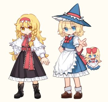 Rule 34 | 2girls, alice margatroid, apron, arm behind back, black boots, black dress, blonde hair, blue eyes, blue skirt, blue vest, boots, bow, bowtie, braid, brown shoes, capelet, closed mouth, commentary request, cosplay, costume switch, deformed, dress, frilled apron, frilled skirt, frills, full body, grey background, hairband, hand up, hat, kirisame marisa, lace-up boots, legs apart, loafers, long hair, long skirt, long sleeves, looking at viewer, multiple girls, neck ribbon, parted lips, pink ribbon, pointing, pointing at viewer, puffy long sleeves, puffy short sleeves, puffy sleeves, red bow, red bowtie, red hairband, ribbon, santa hat, shanghai doll, shieryue1225, shirt, shoes, short sleeves, simple background, single braid, skirt, skirt set, sleeve cuffs, smile, socks, standing, touhou, turtleneck, turtleneck shirt, vest, waist apron, waist ribbon, white apron, white capelet, white shirt, white socks, witch hat, yellow eyes