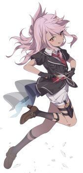 1girl :q akaneko016 chloe_von_einzbern collared_shirt dagger fate/kaleid_liner_prisma_illya fate_(series) flat_chest full_body gloves highres jacket knife long_hair looking_at_viewer necktie orange_eyes pink_hair sheath shirt smile socks solo thigh_sheath tongue tongue_out unsheathing weapon