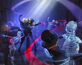 4boys absurdres black_cape black_gloves black_hair black_hat black_jacket black_pants blonde_hair blurry blurry_background bone brown_hair cape cater_diamond character_request commentary_request dancing facial_mark glasses glint gloves green_hair hand_up hat highres holding holding_key holding_whip hood hood_up hooded_cape jacket key light_particles male_focus mau_sakura multiple_boys orange_hair pants rook_hunt short_hair skeleton skull smile standing top_hat trey_clover twisted_wonderland two-sided_cape two-sided_fabric whip