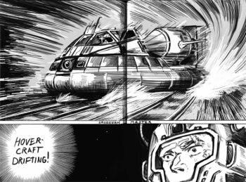 1boy artist_request battletech densha_de_d derivative_work drifting greyscale helmet hovercraft meme monochrome motion_lines multi-track_drifting_(meme) parody railroad_tracks savannah_master scar speed_lines sweat watercraft