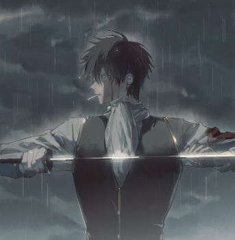 1boy absurdres arms_up ascot black_hair blood blood_on_clothes blood_on_face cigarette cloud cloudy_sky gintama hashtag-only_commentary highres hijikata_toushirou holding holding_sword holding_weapon injury katana long_sleeves male_focus outdoors parted_bangs profile rain shinsengumi_(gintama) shirt sky smoking solo sword upper_body vest weapon white_ascot white_shirt xianyu_tuitui