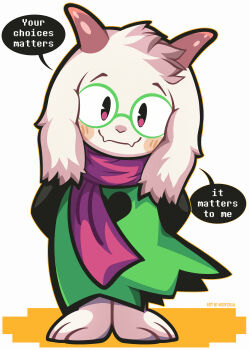 1boy absurdres blush closed_mouth commentary deltarune english_commentary english_text fangs full_body furry furry_male glasses green_robe highres looking_at_viewer male_focus orange_outline outline pink_scarf ralsei robe round_eyewear scarf simple_background smile solo standing utdr_(toby_fox) woofzilla