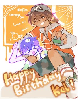 &gt;_&lt; 2boys :d ;d ankle_socks arm_around_neck arm_up bare_arms bare_shoulders barefoot baseball_cap blue_shorts border bright_pupils brown_eyes brown_hair camouflage camouflage_shorts character_name checkered_clothes checkered_shirt clothes_writing colored_skin commentary converse dark-skinned_male dark_skin double-parted_bangs double_horizontal_stripe drawstring dual_persona english_text fingernails food fruit full_body green_shoes grey_hat grey_hoodie grin hair_behind_ear hair_between_eyes happy_birthday hapr_(noneprice) hat hector_(omori) highres holding holding_toy hood hood_down hoodie inset_border kel_(birthday)_(omori) kel_(faraway)_(omori) kel_(headspace)_(omori) kel_(omori) layered_sleeves leg_hair long_sleeves looking_at_viewer low_ponytail male_focus multiple_boys official_alternate_costume official_alternate_hairstyle omori on_one_knee one_eye_closed open_mouth orange_(fruit) orange_background orange_shirt orange_slice outline outside_border pink_outline ponytail puffy_long_sleeves puffy_sleeves purple_hair rock shadow shirt shoelaces shoes short_hair short_over_long_sleeves short_ponytail short_sleeves shorts simple_background sleeveless sleeveless_shirt smile socks symbol-only_commentary tongue toy white_border white_pupils white_shorts white_skin white_socks yellow_outline