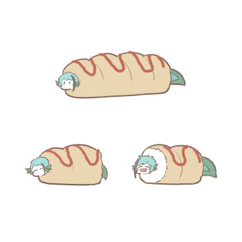 2boys blue_hair blue_skin brothers colored_skin eel_boy fins floyd_leech floyd_leech_(eel) food full_body head_fins highres in_food jade_leech jade_leech_(eel) male_focus mini_person miniboy monster_boy multiple_boys neod sharp_teeth short_hair siblings simple_background teeth twins twisted_wonderland white_background