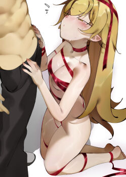 1boy 1girl abs absurdres bare_shoulders black_pants blonde_hair blush breasts choker collarbone commentary deko_morii english_commentary highres kneeling loli long_hair monogatari_(series) naked_ribbon navel oshino_shinobu pants pointy_ears red_ribbon ribbon small_breasts topless_male yellow_eyes