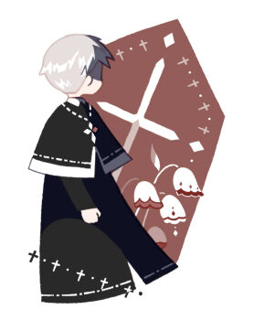 Rule 34 | 1boy, axis powers hetalia, black capelet, capelet, coffin, commentary request, cropped legs, cross, cross necklace, flower, grey hair, highres, jewelry, lily of the valley, long sleeves, looking to the side, male focus, necklace, prussia (hetalia), short hair, solo, tanba (tanba-art), white background
