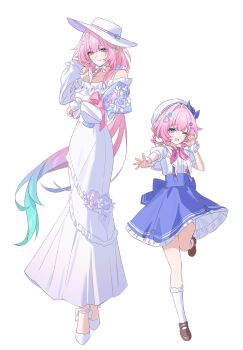 0p78xopwsj83779 2girls blue_eyes blue_hair cyrene_(aedes_elysiae)_(honkai:_star_rail) cyrene_(honkai:_star_rail) cyrene_(ripples_of_past_reverie)_(honkai:_star_rail) dress gradient_hair green_hair hat highres honkai:_star_rail honkai_(series) long_hair medium_hair multicolored_hair multiple_girls one_eye_closed pink_eyes pink_hair socks white_dress white_hat
